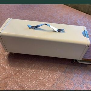 Vintage Dutch Bratanbia Enamelware Bread Box Cream White Wooden Cutting Board